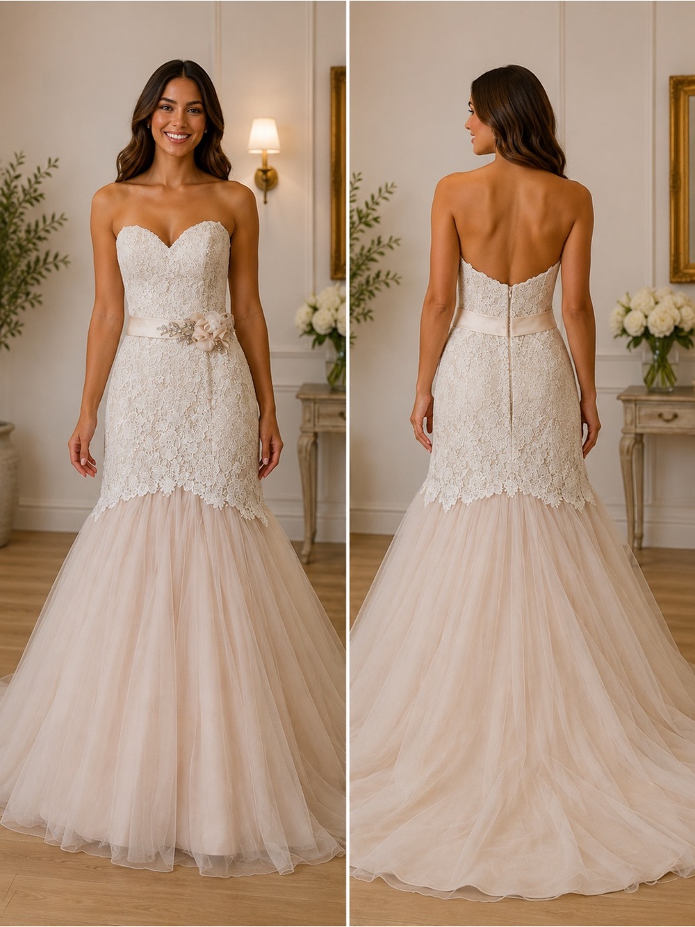 Strapless Lace Mermaid Wedding Dress in Ivory & Blush